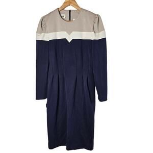 Vintage Leslie Fay Dress Womens Size 10 Blue Colorblock Mod Preppy 80s Twee